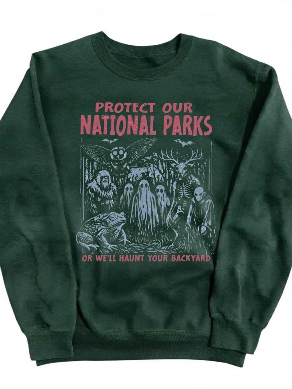 Gildan Dark Green 'Protect Our National Parks' Crewneck with Pink Graphic